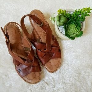 Born Brown Leather Slingback Wedges Size 9M/40.5